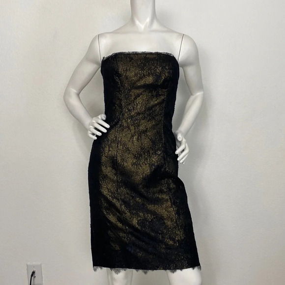 ML Monique Lhuillier Black Shimmer Lace Whimsigoth Witchy Strapless Dress Size 4